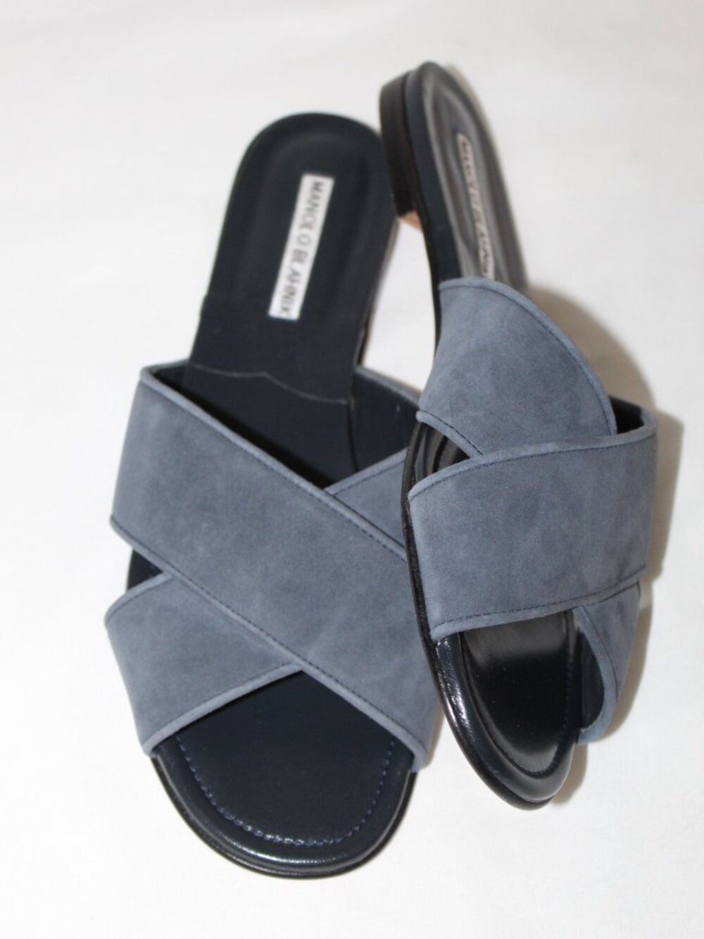 Manolo Blahnik Slate Blue Suede Slide Sandals